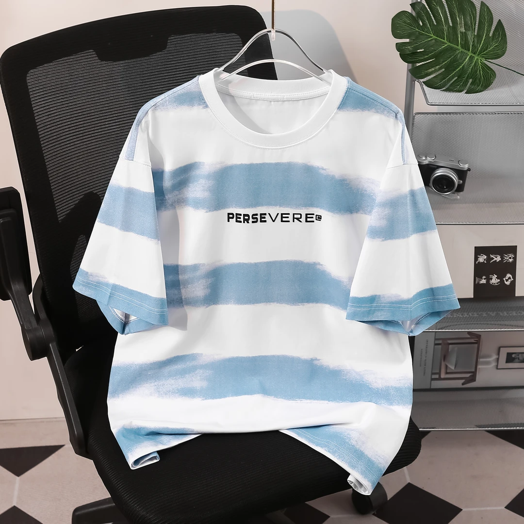 T恤透气夏季夏装条纹印花宽松运动半袖圆领时尚男装Q226