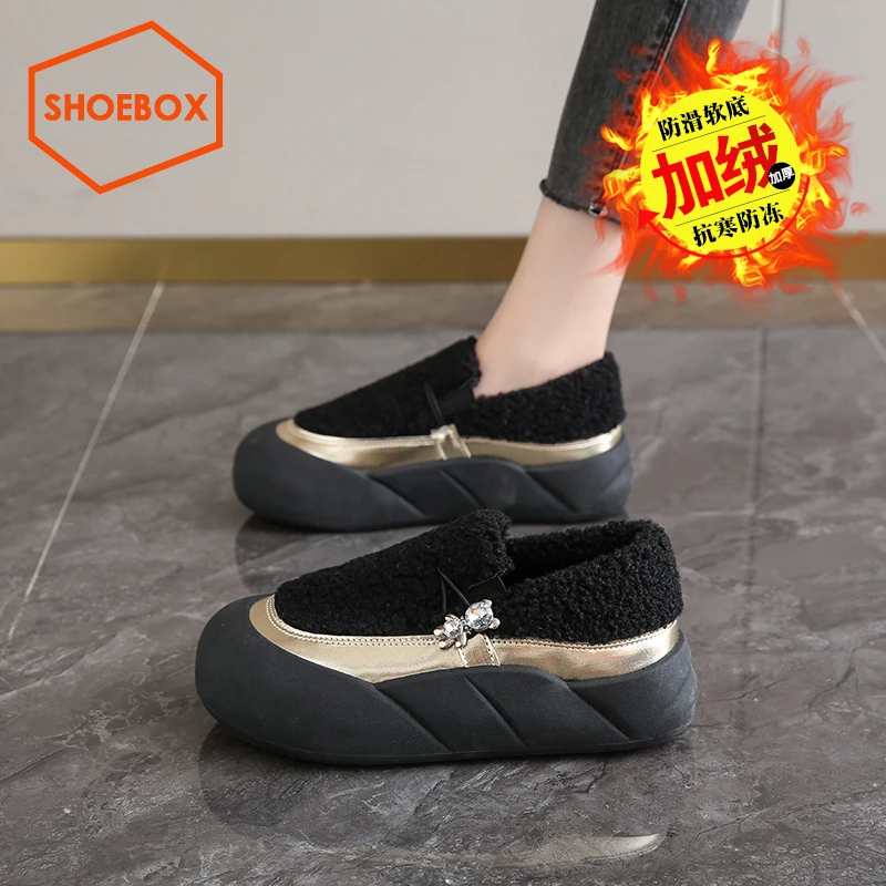 达芙妮集团鞋柜毛毛鞋女外穿豆豆鞋加绒加厚羊羔绒棉鞋一脚蹬女鞋