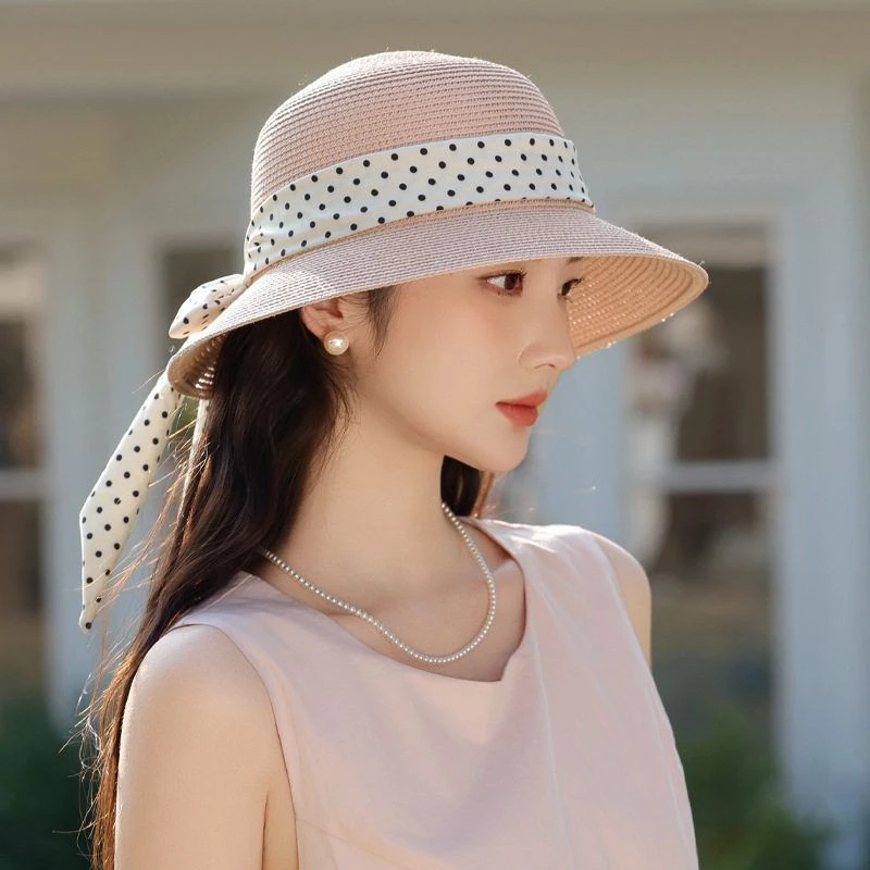 法式夏季新款帽子女圆点飘带拉菲草帽遮阳防晒帽透气蝴蝶结显脸小