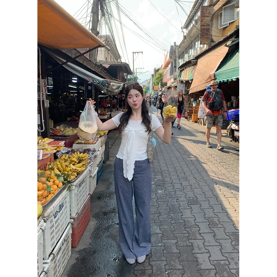 火火火【蓝调随行】韩版百搭千鸟格阔腿直筒裤K31630HH52