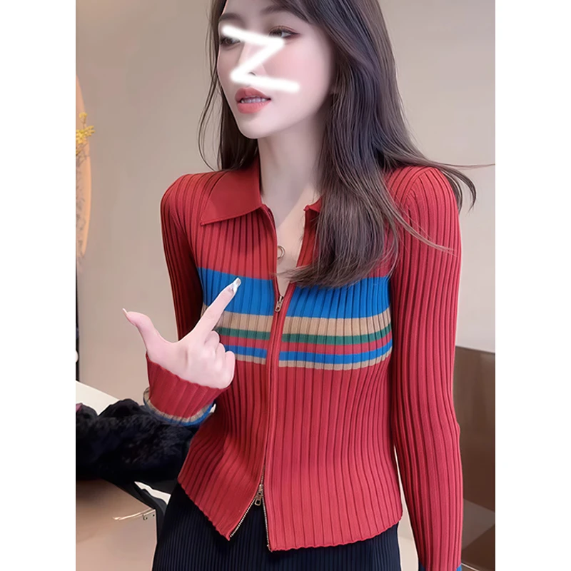 2025秋冬爆款韩版撞色条纹针织衫女长袖气质别致上衣开衫短款外套