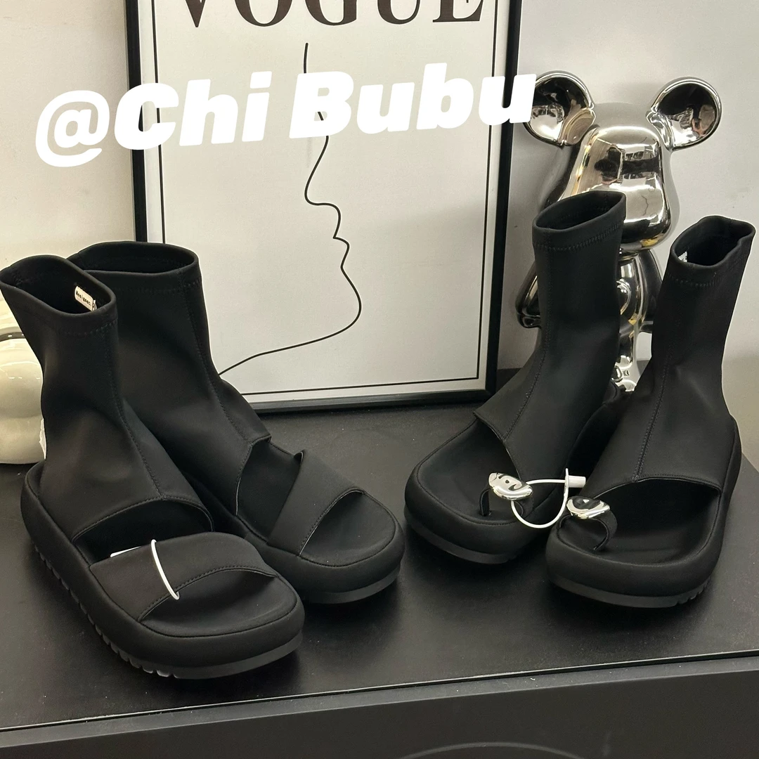 CHIBUBU夏季透气增高厚底凉感黑色潮酷时尚凉靴女士凉鞋休闲