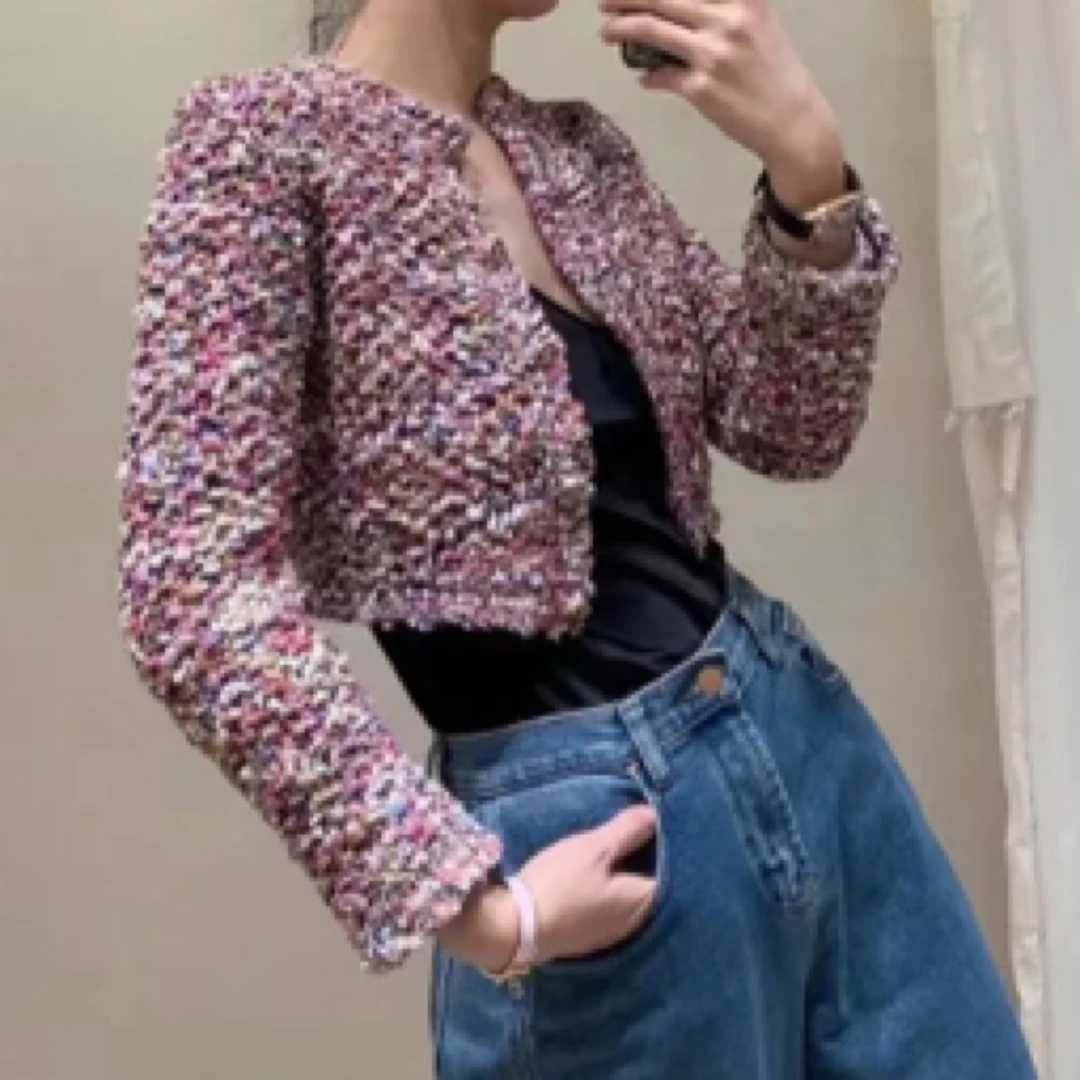 99新 Chanel/香奈儿 彩色棉质珍珠编织短款长袖上衣外套，38码