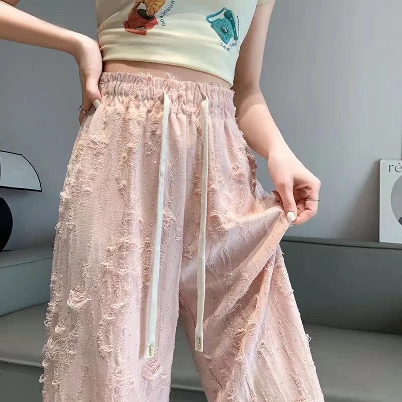 2024夏季新款破洞烫钻宽松阔腿裤女高腰休闲长裤百搭松紧腰直筒裤