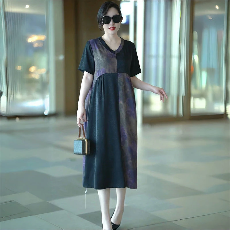 重磅时尚气质连衣裙夏季宽松大码遮肉显瘦洋气轻奢妈妈装长裙