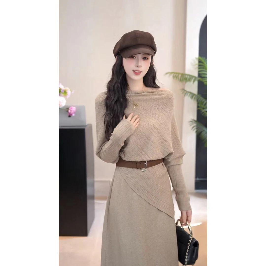 YUANLIANSU/圆脸酥【月初暮云】法式斜肩针织衫+半身裙两件套女秋季