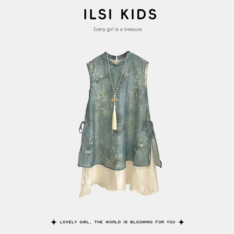 女童夏季新款新中式无袖上衣花朵假两件连衣裙小女孩碎花旗袍儿童