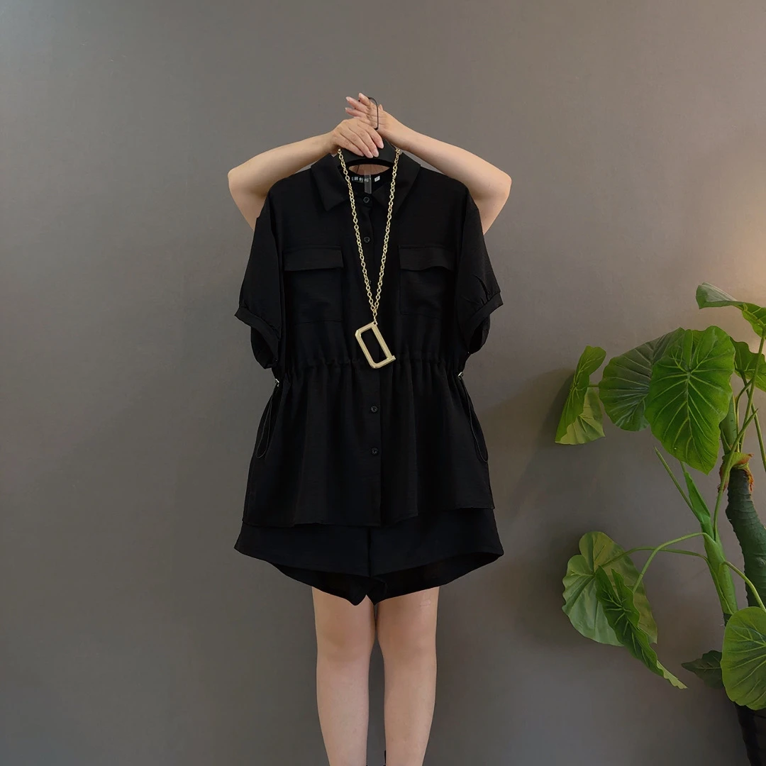 大码衬衫带里衬休闲收腰减龄洋气显瘦套装