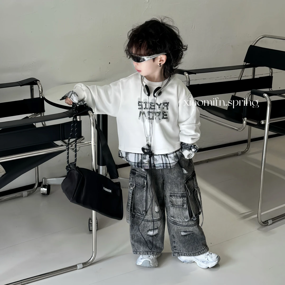 现货〃2025春季新款潮拼接卫衣韩版男童儿童洋气T恤字母童装16226