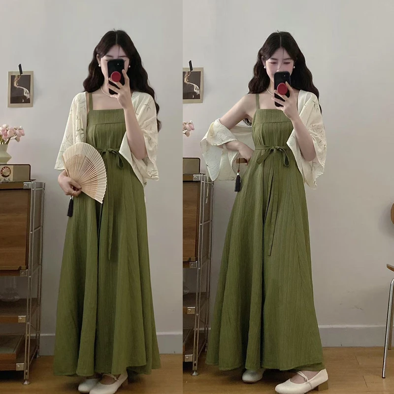 大码胖MM夏季新款新中式国风宋制改良汉服吊带连衣裙汉元素开衫仙