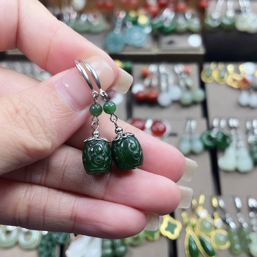 和田玉银S925镶嵌耳饰