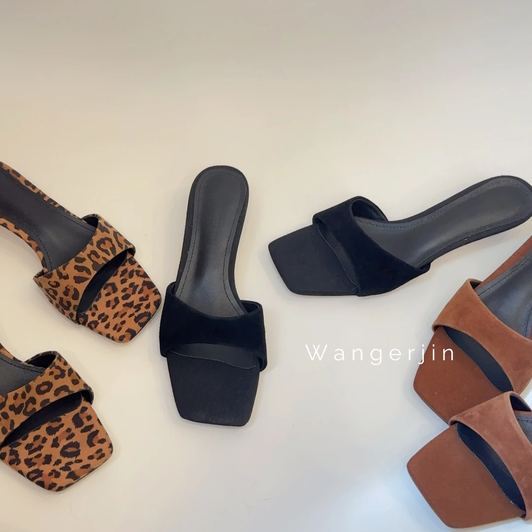 【王二今】羊皮/3.5CM/气质法式一字小猫跟方头露趾豹纹凉拖鞋女