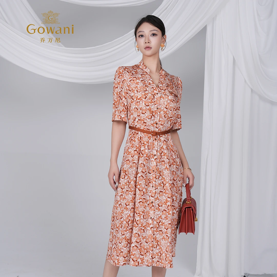 Gowani/乔万尼2025夏商场同提花弹力桑蚕丝连衣裙通勤气质ED2E500