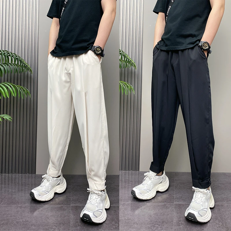2025年夏季薄款潮流韩版痞帅宽松哈伦锥形裤垂感冰丝青年男士裤子