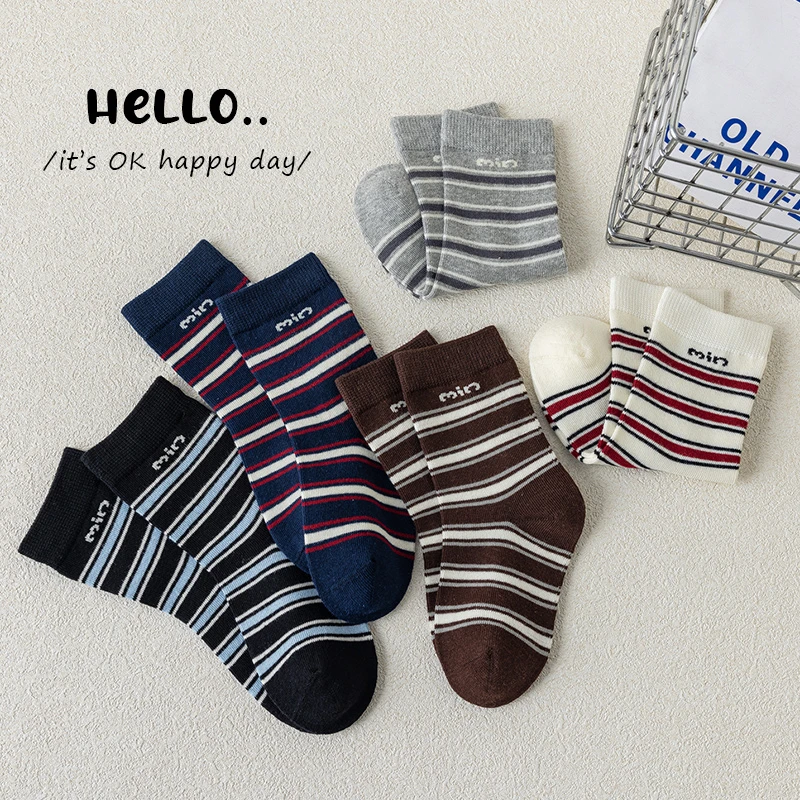 儿童袜子春秋季精梳棉无骨中筒袜男女童韩版miu系条纹中大童潮袜