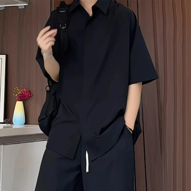 黑色宽松衬衫短袖男款夏季薄款凉感速干冷淡系暗扣休闲衬衣五分袖