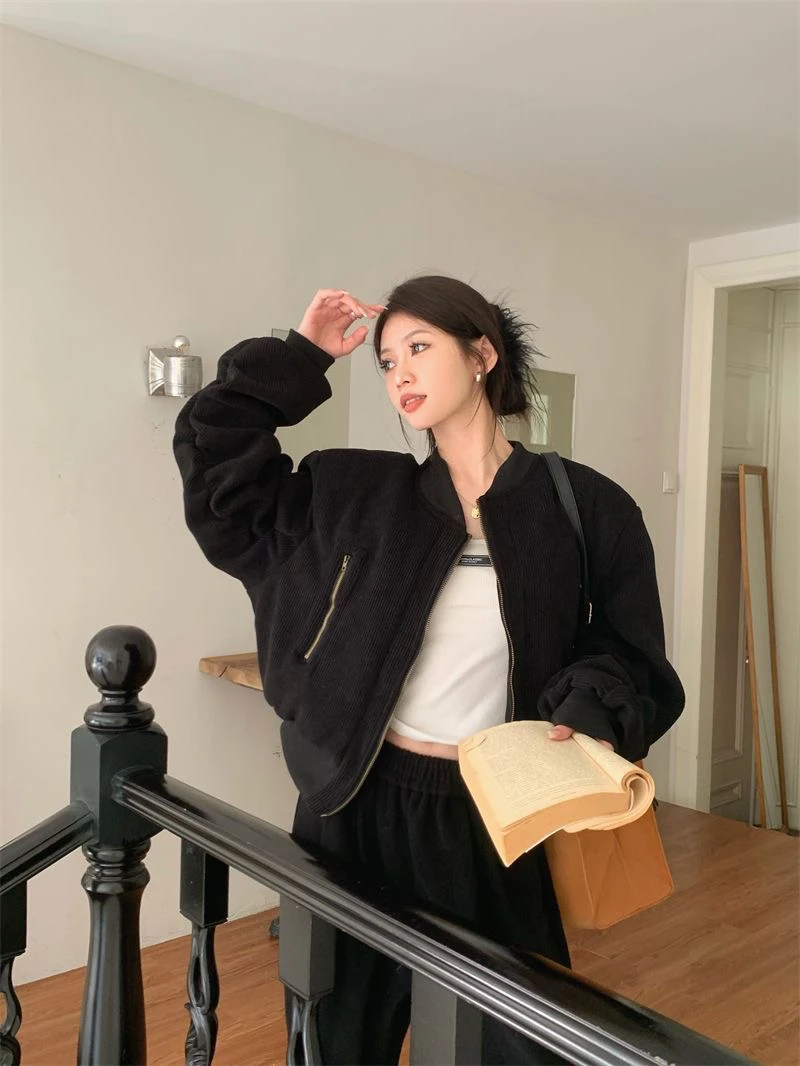 美式立领灯芯绒棒球服外套女春秋冬夹棉加厚褶皱宽松短款夹克上衣