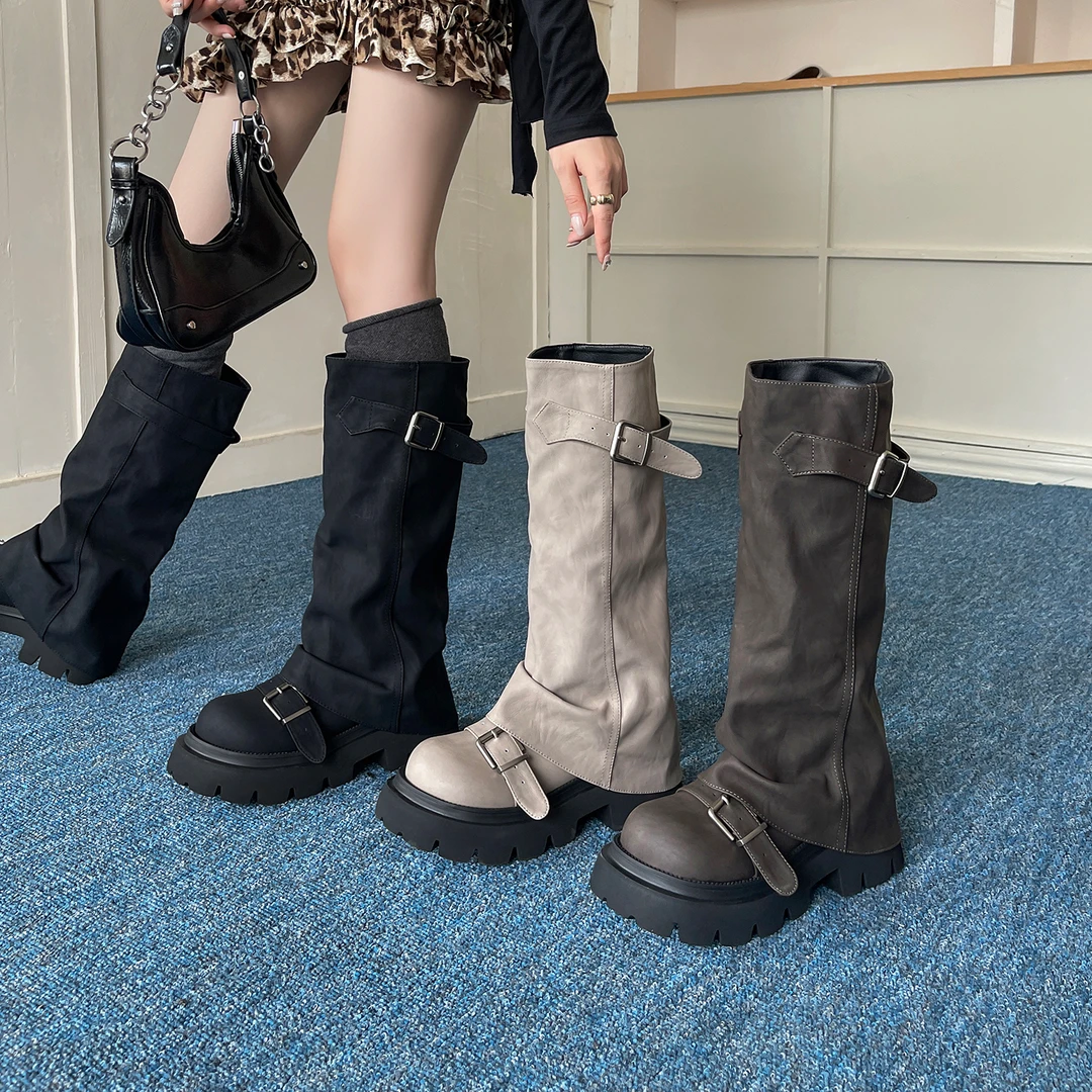 伯爵猫复古厚底骑士靴女2025秋冬百搭美拉德裤管靴堆堆长筒靴