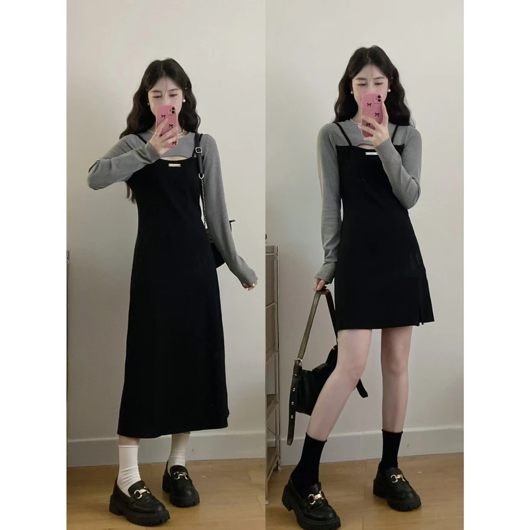 大码女装秋季新款设计感胖MM气质修身显瘦假两件连衣裙