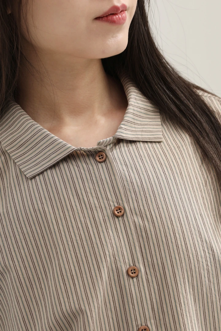 春秋新款高密色织条纹面料翻领简约百搭开襟长袖衬衫24199