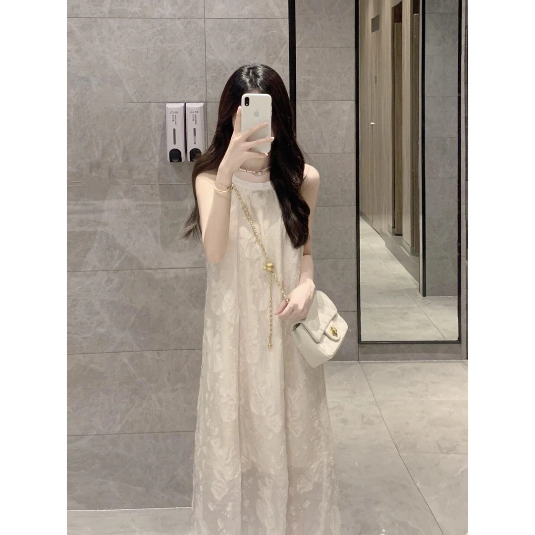 雪纺挂脖连衣裙女夏季海边度假裙子气质高级感小个子露肩无袖长裙