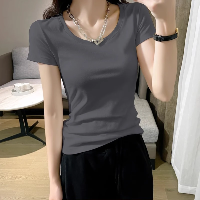 烟灰色正肩短袖质感t恤女春夏新款紧身百搭打底衫体恤棉质上衣潮