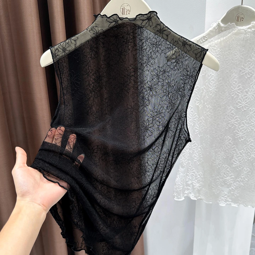 纯欲风黑色透视网纱蕾丝衫叠穿小雏菊无袖背心半高领打底衫上衣女