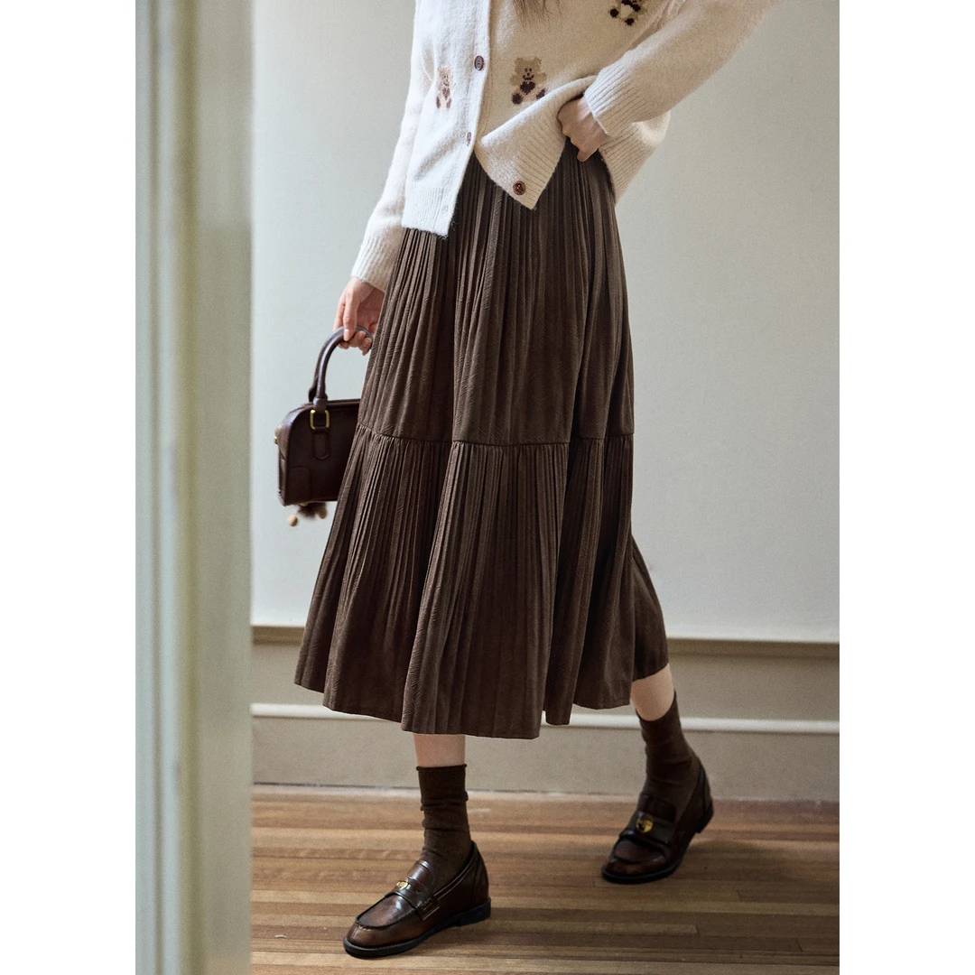 爱蔷薇大码高腰咖色丝绒半身裙女a字裙子2025秋百褶裙长款GT78754