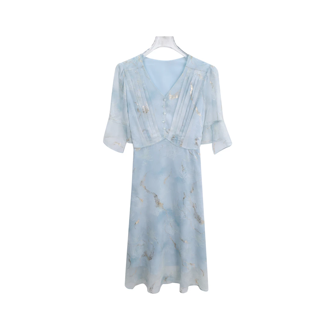 喇叭袖夏季修身显瘦中袖套头仙女风连衣裙A13313