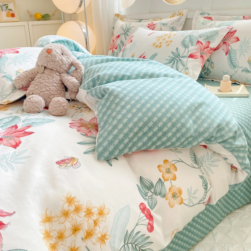 A类秋冬新款云感加厚磨毛印花四件套小清新斜纹