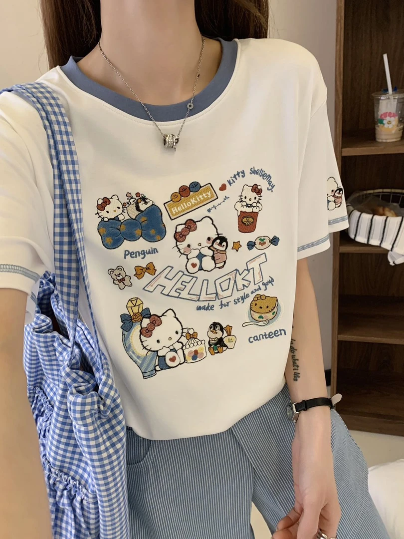 【5188】夏季新款时尚百搭猫咪刺绣甜美圆领宽松型T恤