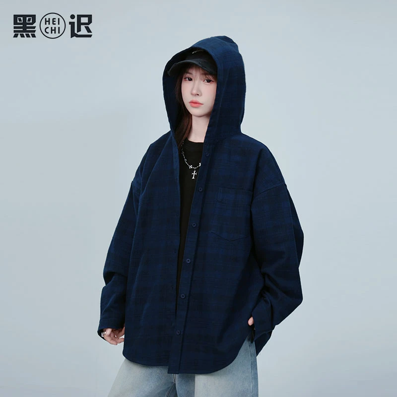 黑迟原创春季新款男女潮牌蓝色格子连帽长袖衬衫韩系外套休闲衬衣