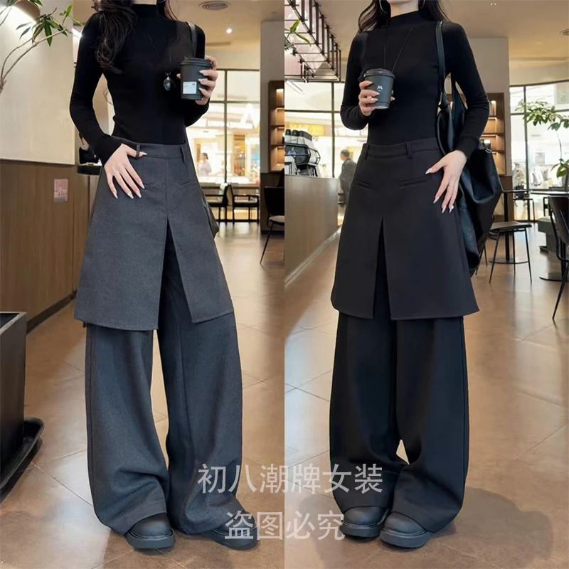 56115加绒假两件气质西裤2025年冬季新款高级感百搭直筒休闲裤女