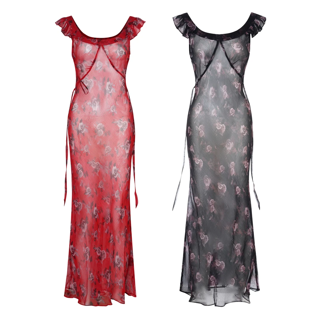 NIXNIA 深V荷叶袖印花吊带连衣裙女优雅显瘦长裙 NGD2FSW016