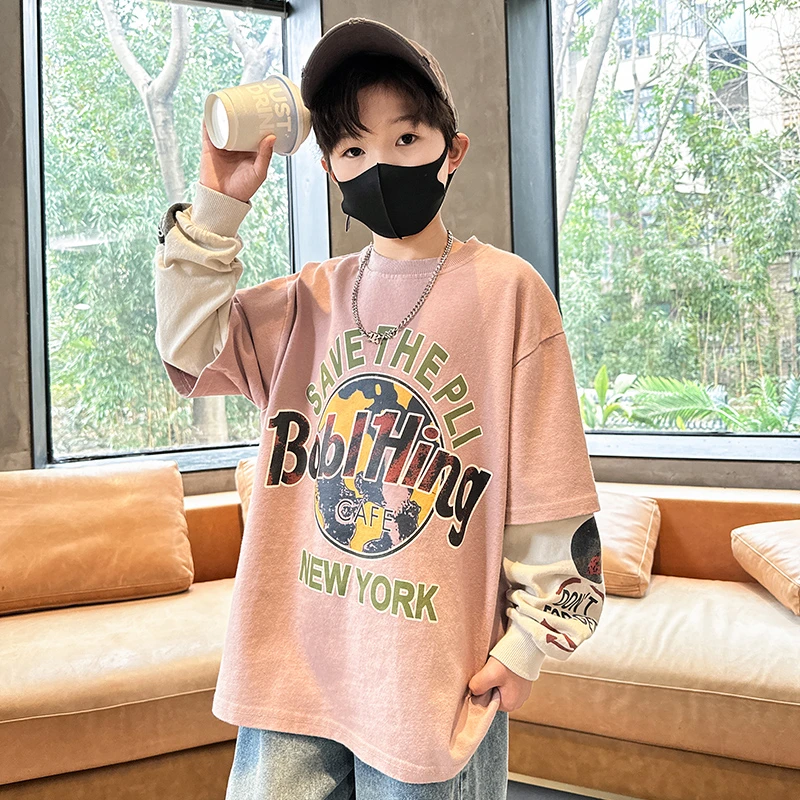 男童卫衣假两件韩版打底长袖2025新款中大童印花上衣服男孩秋装潮