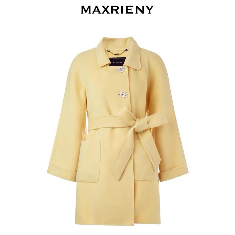 MAXRIENY鹅黄色复古风廓形毛呢大衣