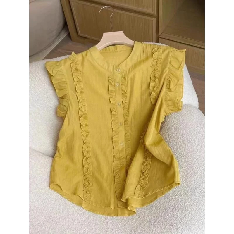 【安迪严选5】E6655韩版木耳边飞袖高级感轻奢减龄洋气显瘦时尚上衣