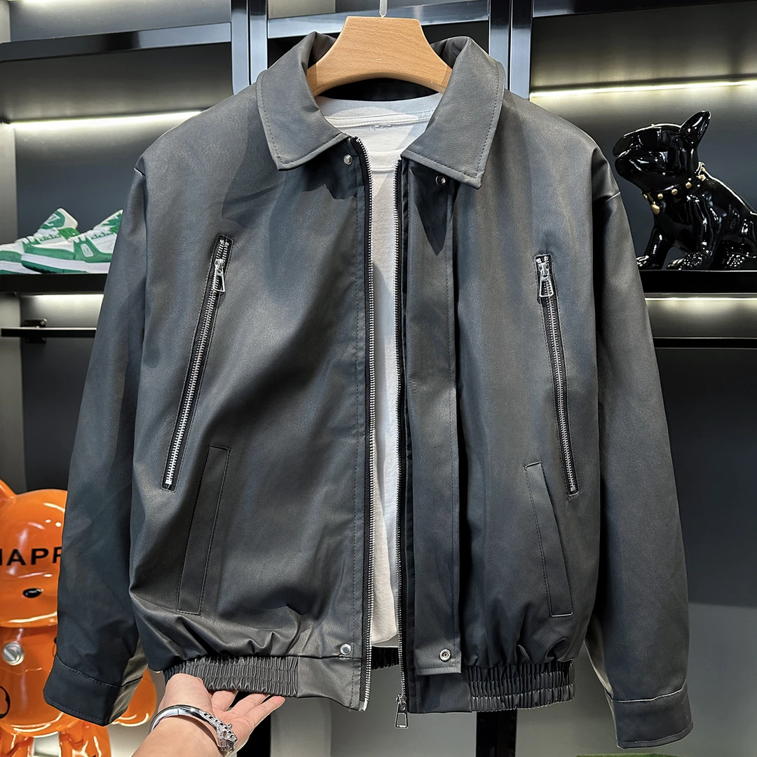 美拉德复古PU皮衣外套男潮牌春秋新款高级感痞帅美式翻领机车夹克
