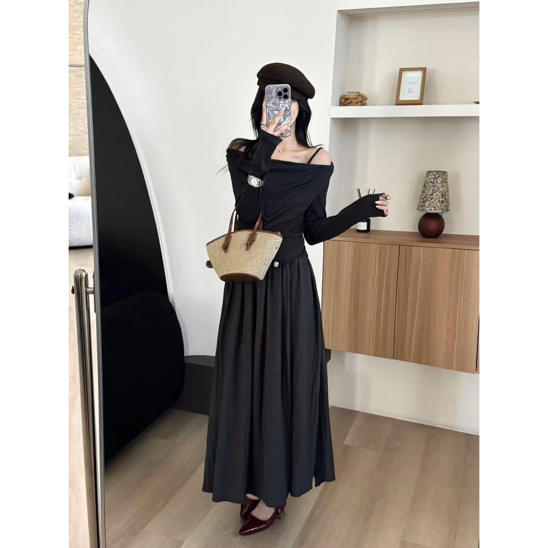 SP【清冷姐姐】小众设计不规则拼接荡领显瘦收腰长款连衣裙多领穿搭
