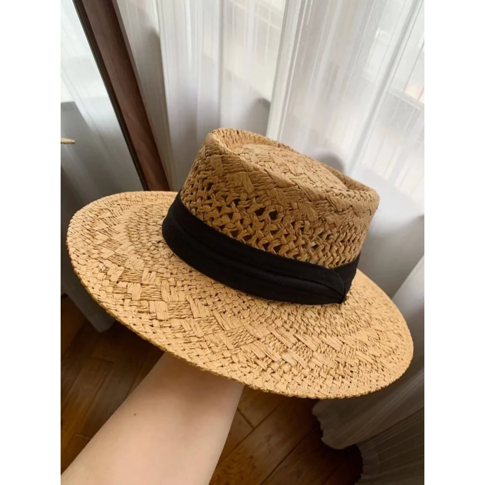 硬纸草镂空棉麻织带草编帽女夏季出游旅行防紫外线平顶草帽遮阳帽