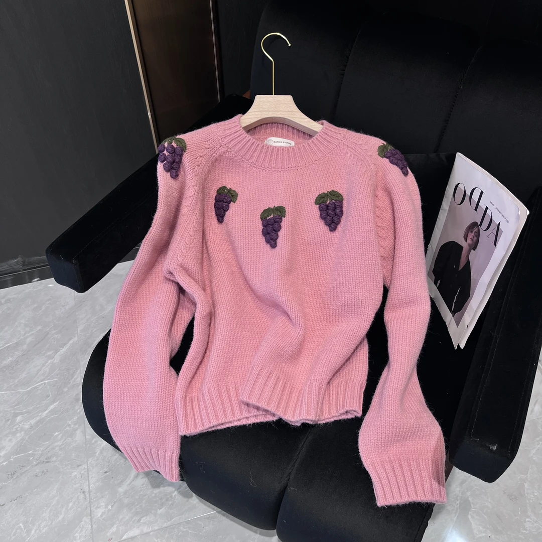 Barbie 辣酱 【小葡萄】1859 圆领葡萄撞色小众设计款毛衣
