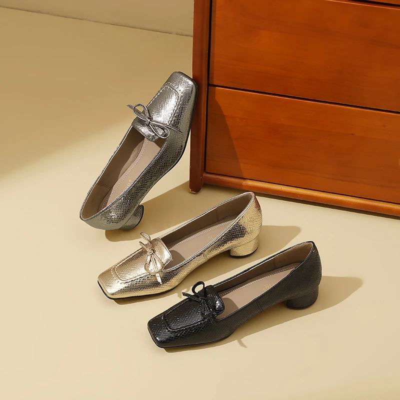 AMEINOR2025春季新款气质方格纹蝴蝶结法式中跟浅口单鞋