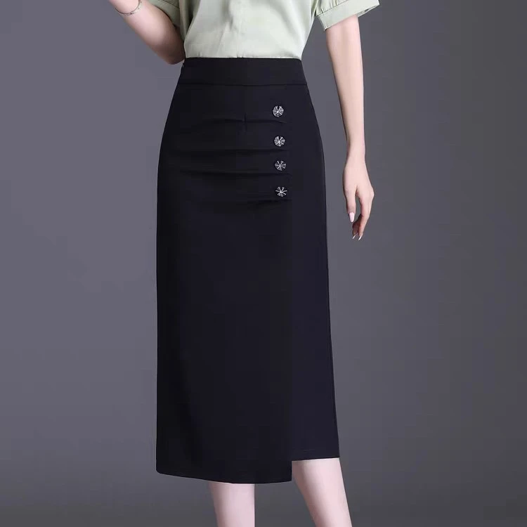 中长款黑色不规则高腰显瘦开叉包臀半身裙春秋适用黑色半裙A字