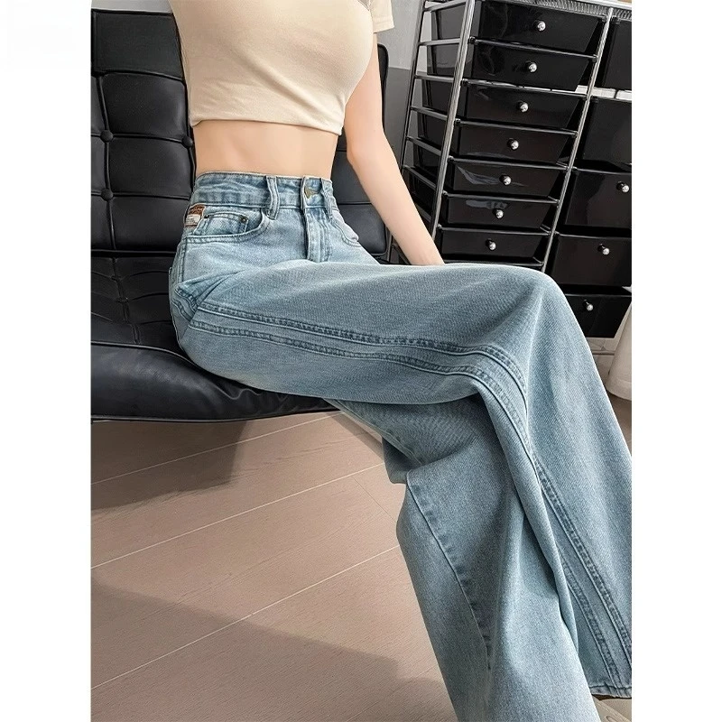 复古蓝窄版阔腿裤女夏季新款流行大码胖mm宽松显瘦高腰直筒牛仔裤