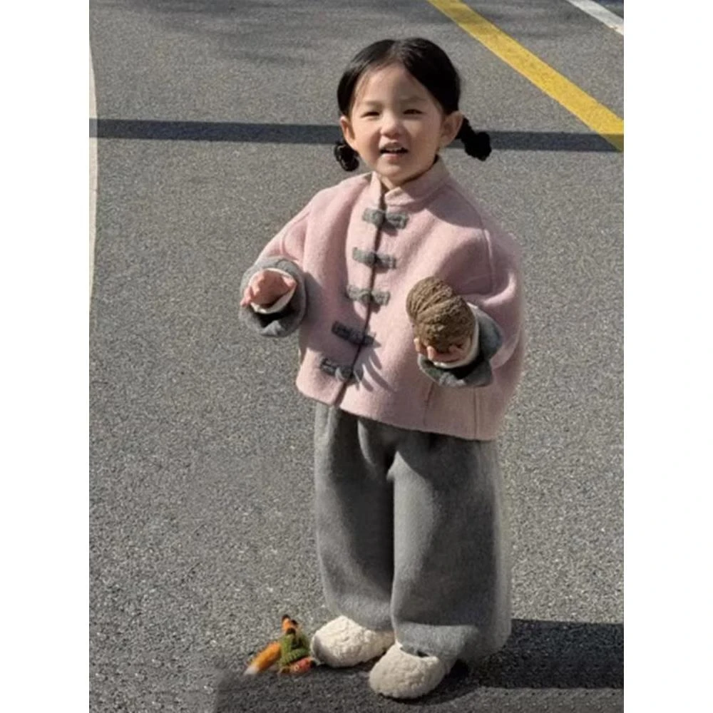 女童新中式国风套装秋冬儿童拜年服宝宝唐装毛呢外套裤子两件套