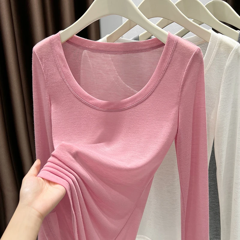正肩大圆领超薄长袖打底衫秋季微透针织显瘦低领内搭上衣粉色T恤
