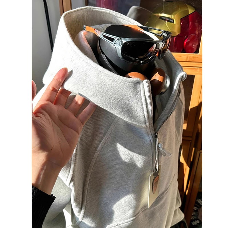 美式白花灰半拉链卫衣男款boxy重磅硬挺连帽开衫短款正肩立领外套