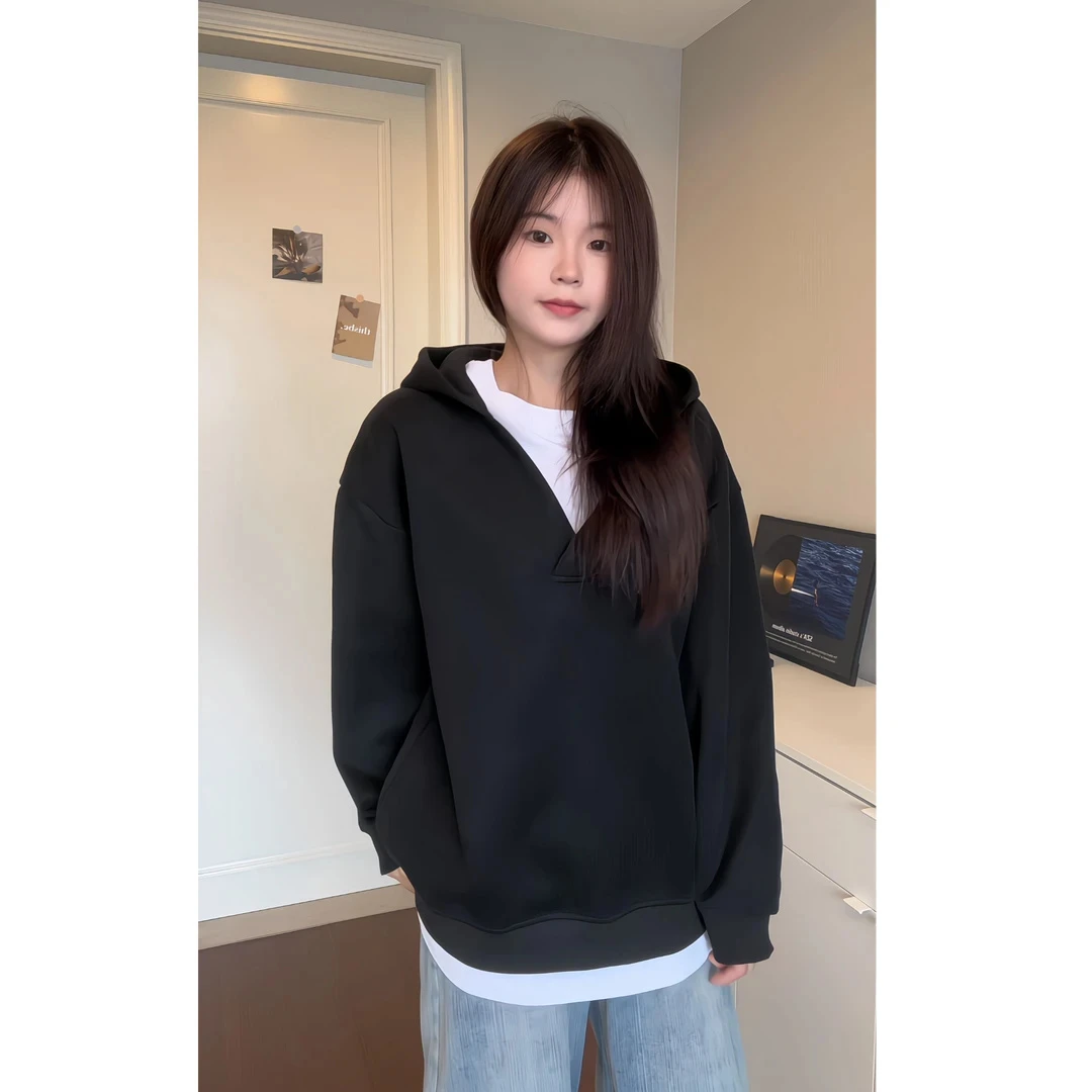 美式cleanfit简约假两件连帽卫衣男秋季小众设计感外套重磅休闲