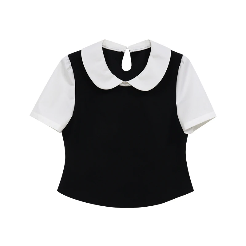 LX【初恋日记】蛋妹大码女装微胖mm夏季假两件撞色T恤上衣DM26525