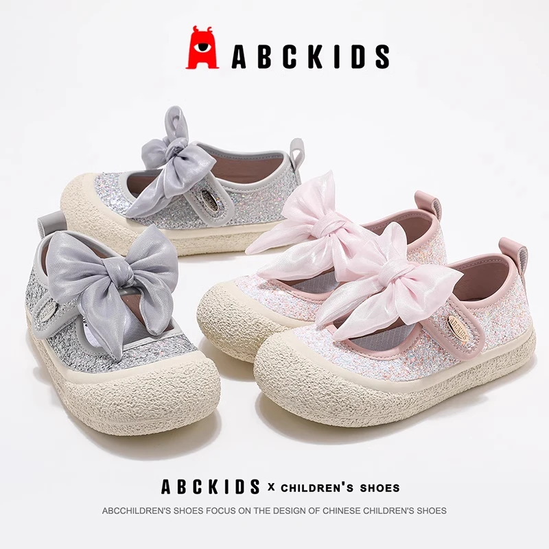 Abckids女童蝴蝶结水晶鞋2025春季新款儿童女孩透气运动鞋休闲鞋